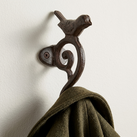 Cast Iron Bird Scrolls Wall Hook Rustic Brown Coat Key Purse Towel Metal Hanger