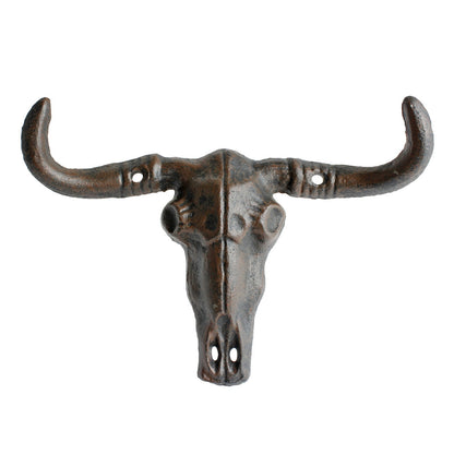 Cast Iron Longhorn Bull Skull Wall Hook Coat Rack Western Rustic Decor 7" Wide