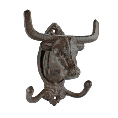 Cast Iron Longhorn Bull Skull Wall Hook Coat Rack Rustic Western Decor Brown