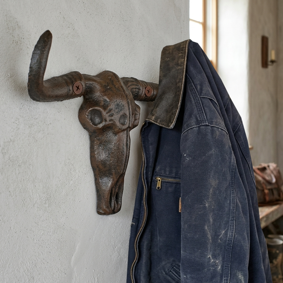 Cast Iron Longhorn Bull Skull Wall Hook Coat Rack Western Rustic Decor 7" Wide