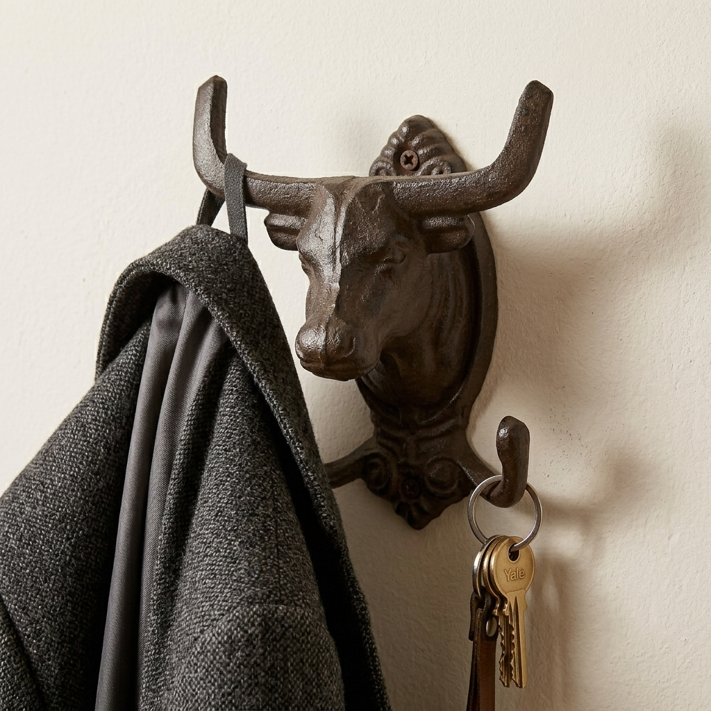 Cast Iron Longhorn Bull Skull Wall Hook Coat Rack Rustic Western Decor Brown