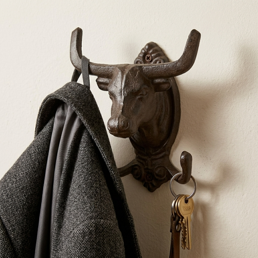 Cast Iron Longhorn Bull Skull Wall Hook Coat Rack Rustic Western Decor Brown