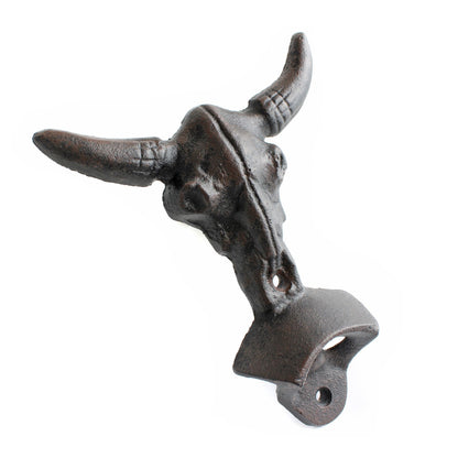 Cast Iron Longhorn Beer Bottle Opener Steer Skull Wall Mounted Western Bar Decor