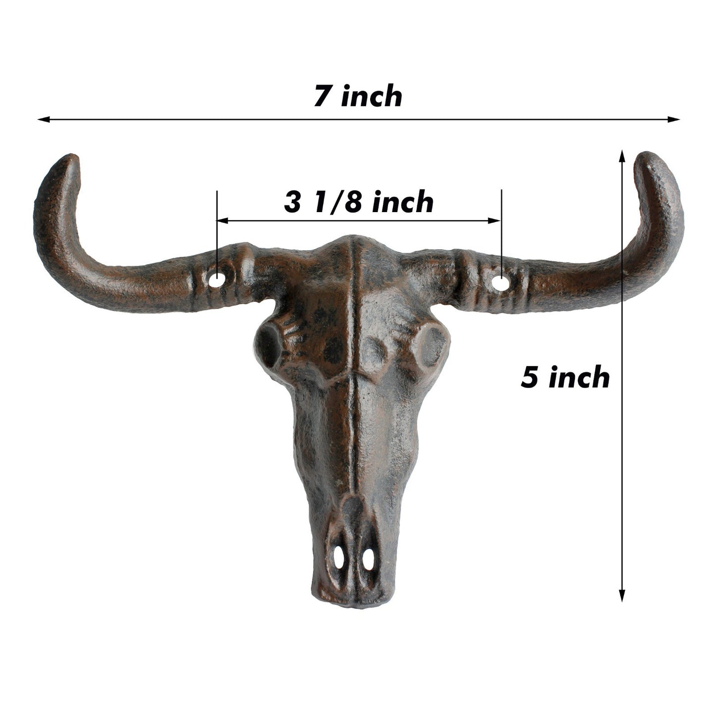 Cast Iron Longhorn Bull Skull Wall Hook Coat Rack Western Rustic Decor 7" Wide