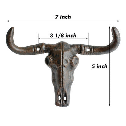 Cast Iron Longhorn Bull Skull Wall Hook Coat Rack Western Rustic Decor 7" Wide