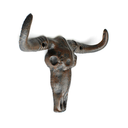Cast Iron Longhorn Bull Skull Wall Hook Coat Rack Western Rustic Decor 7" Wide