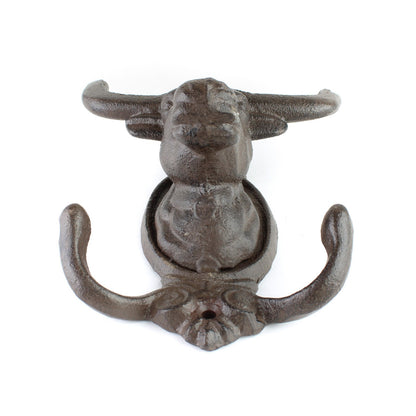 Cast Iron Longhorn Bull Skull Wall Hook Coat Rack Rustic Western Decor Brown
