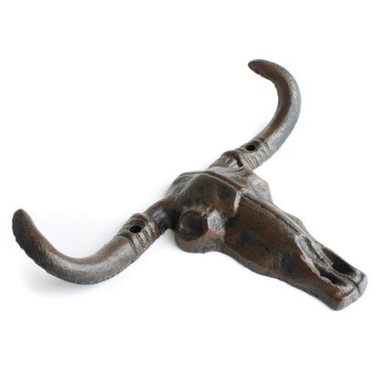 Cast Iron Longhorn Bull Skull Wall Hook Coat Rack Western Rustic Decor 7" Wide