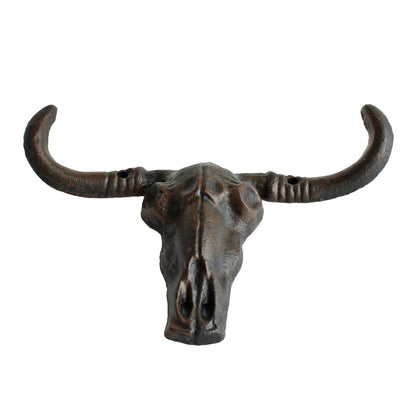 Cast Iron Longhorn Bull Skull Wall Hook Coat Rack Western Rustic Decor 7" Wide