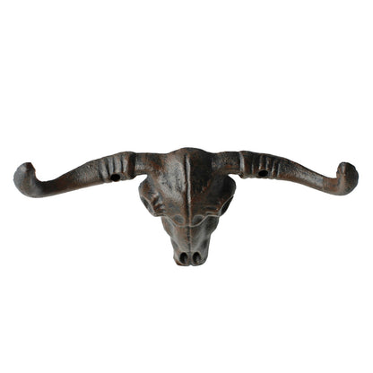 Cast Iron Longhorn Bull Skull Wall Hook Coat Rack Western Rustic Decor 7" Wide