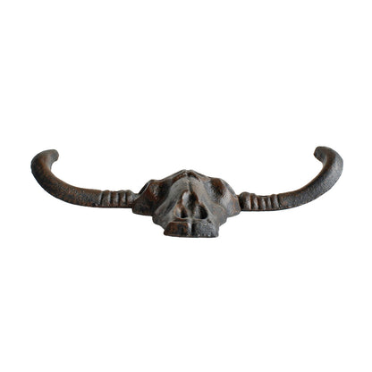 Cast Iron Longhorn Bull Skull Wall Hook Coat Rack Western Rustic Decor 7" Wide