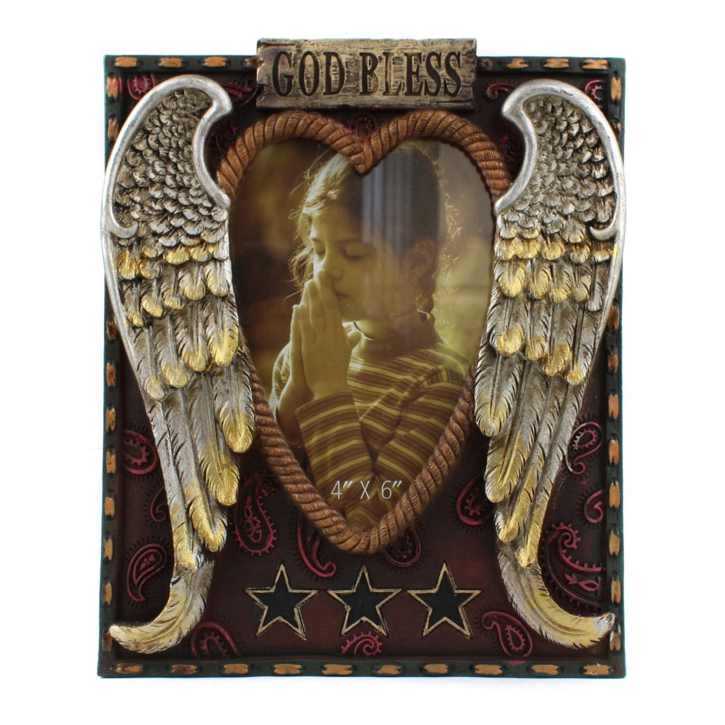 Rustic Western Angel Wings Photo Frame 4x6 God Bless Heart Resin Tabletop Decor