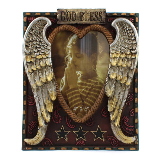 Rustic Western Angel Wings Photo Frame 4x6 God Bless Heart Resin Tabletop Decor