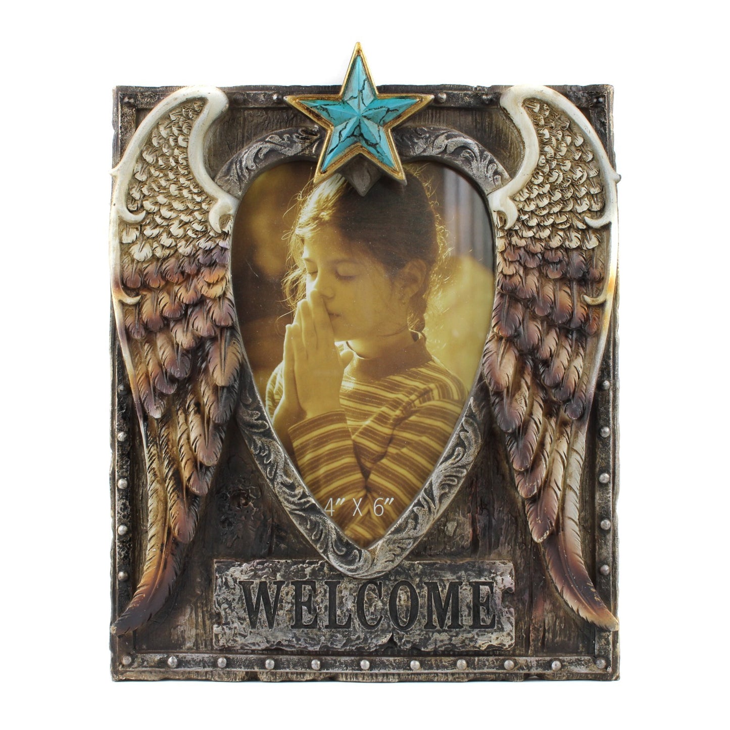 Western Cowboy Angel Wings Photo Frame 4x6 Rustic Star Welcome Sign Desk Decor