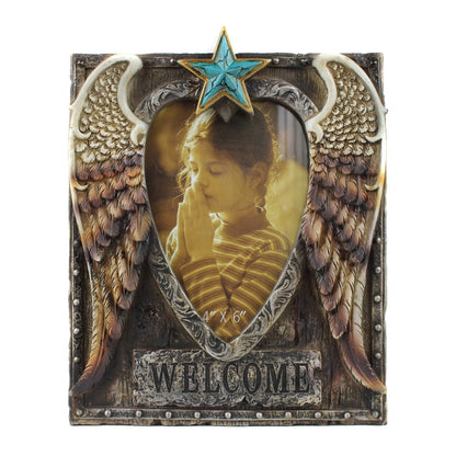 Western Cowboy Angel Wings Photo Frame 4x6 Rustic Star Welcome Sign Desk Decor