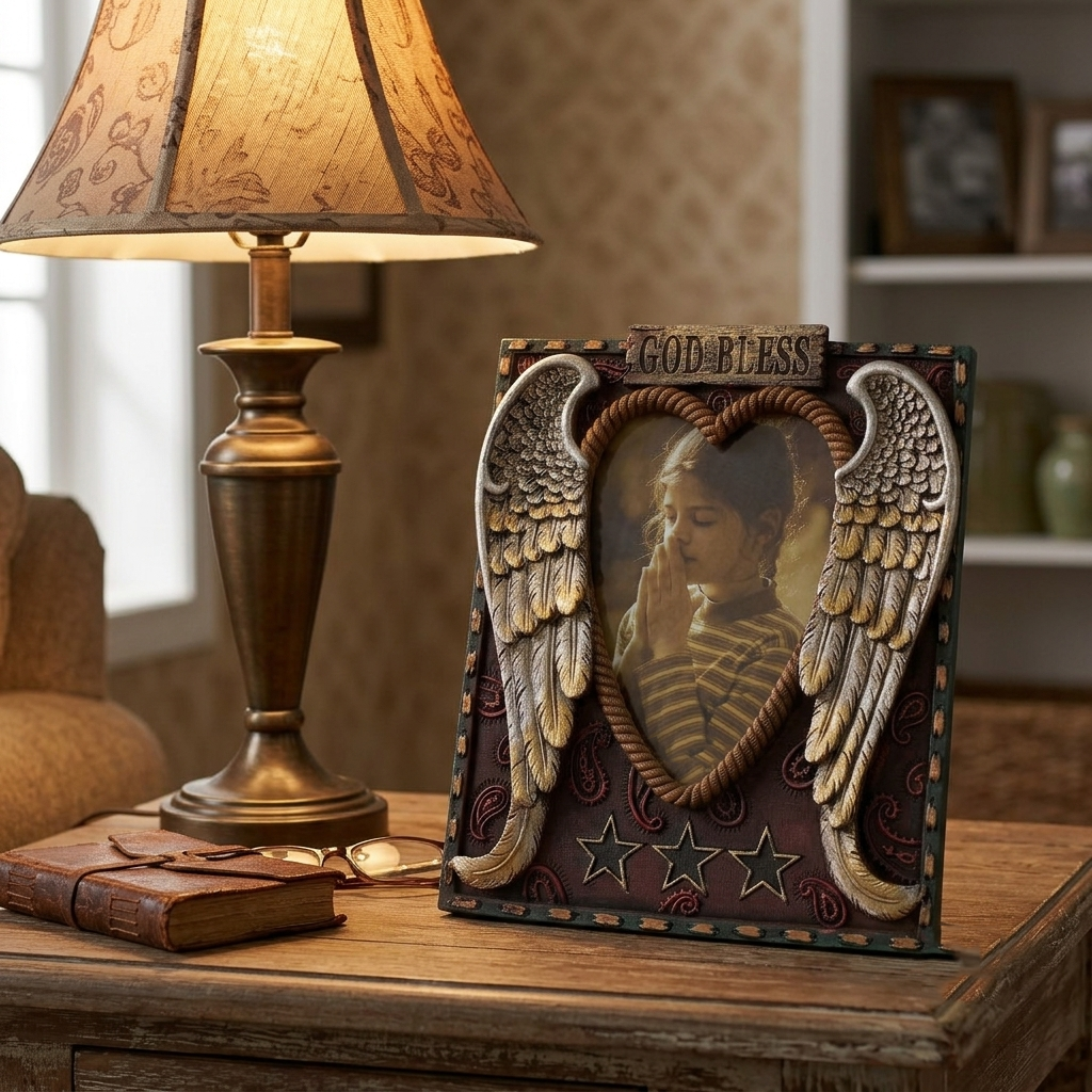 Rustic Western Angel Wings Photo Frame 4x6 God Bless Heart Resin Tabletop Decor