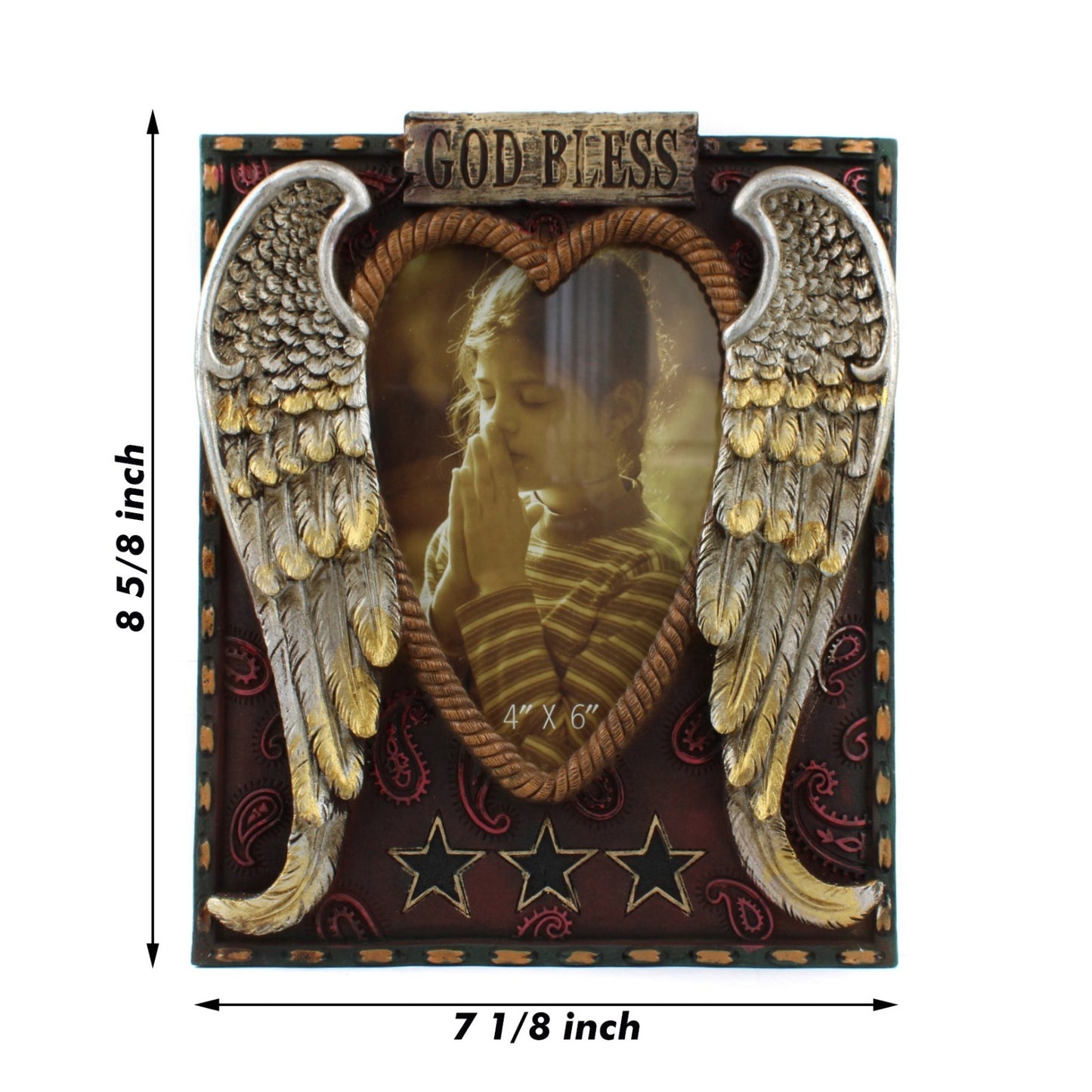 Rustic Western Angel Wings Photo Frame 4x6 God Bless Heart Resin Tabletop Decor