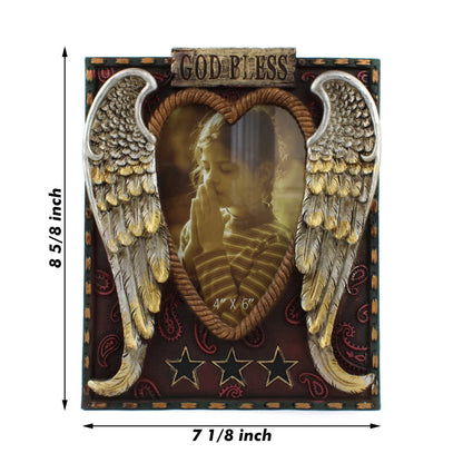 Rustic Western Angel Wings Photo Frame 4x6 God Bless Heart Resin Tabletop Decor