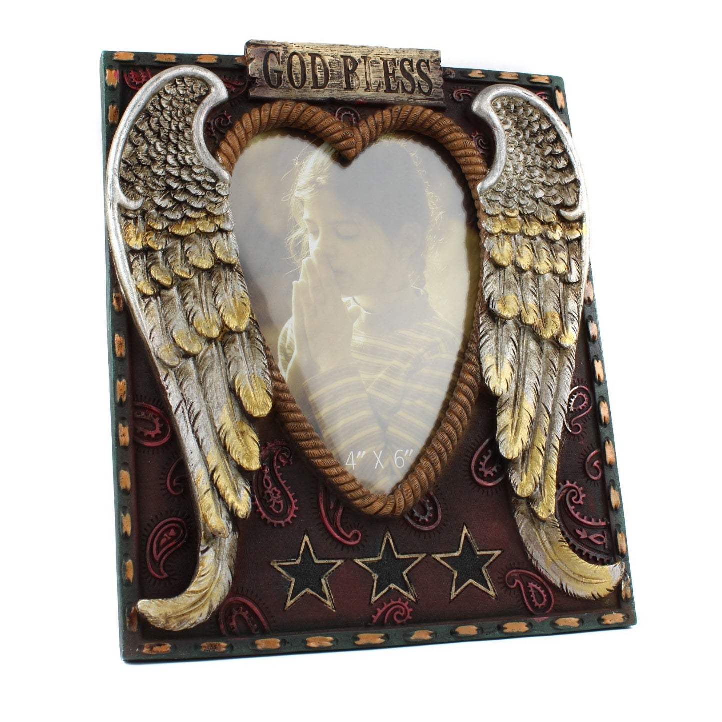 Rustic Western Angel Wings Photo Frame 4x6 God Bless Heart Resin Tabletop Decor
