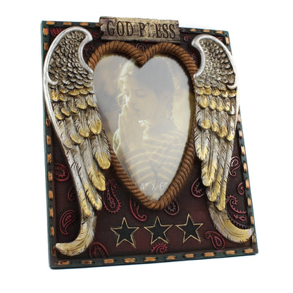 Rustic Western Angel Wings Photo Frame 4x6 God Bless Heart Resin Tabletop Decor