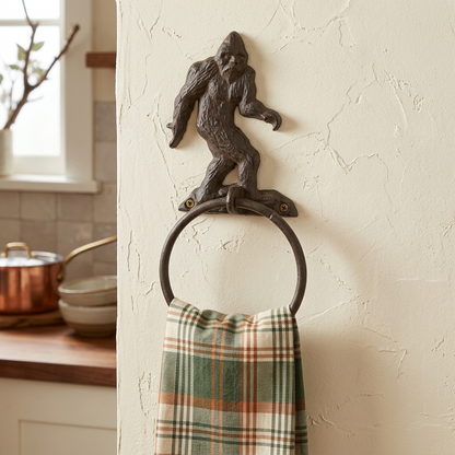 Cast Iron Bigfoot Sasquatch Wall Hand Towel Ring Holder Rustic Cabin Bath Decor