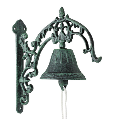 Large Verdigris Cast Iron Dinner Bell Wall Mounted Fleur De Lis Vintage Style