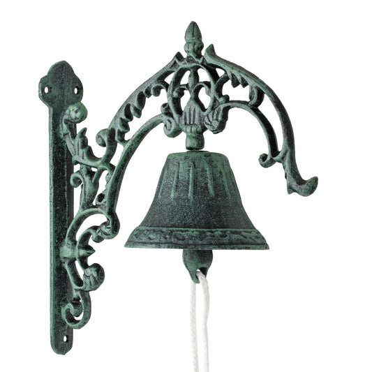 Large Verdigris Cast Iron Dinner Bell Wall Mounted Fleur De Lis Vintage Style