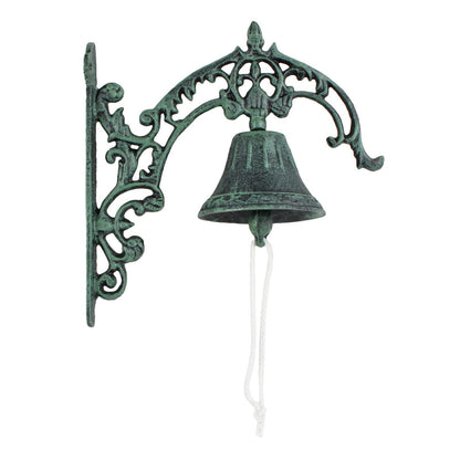 Large Verdigris Cast Iron Dinner Bell Wall Mounted Fleur De Lis Vintage Style
