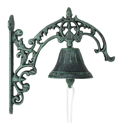 Large Verdigris Cast Iron Dinner Bell Wall Mounted Fleur De Lis Vintage Style
