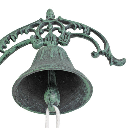 Large Verdigris Cast Iron Dinner Bell Wall Mounted Fleur De Lis Vintage Style
