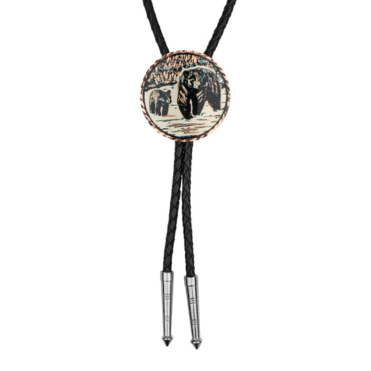 Black Bear & Cub Western Bolo Tie Etched Copper 40 inch Black Cord Made in USA