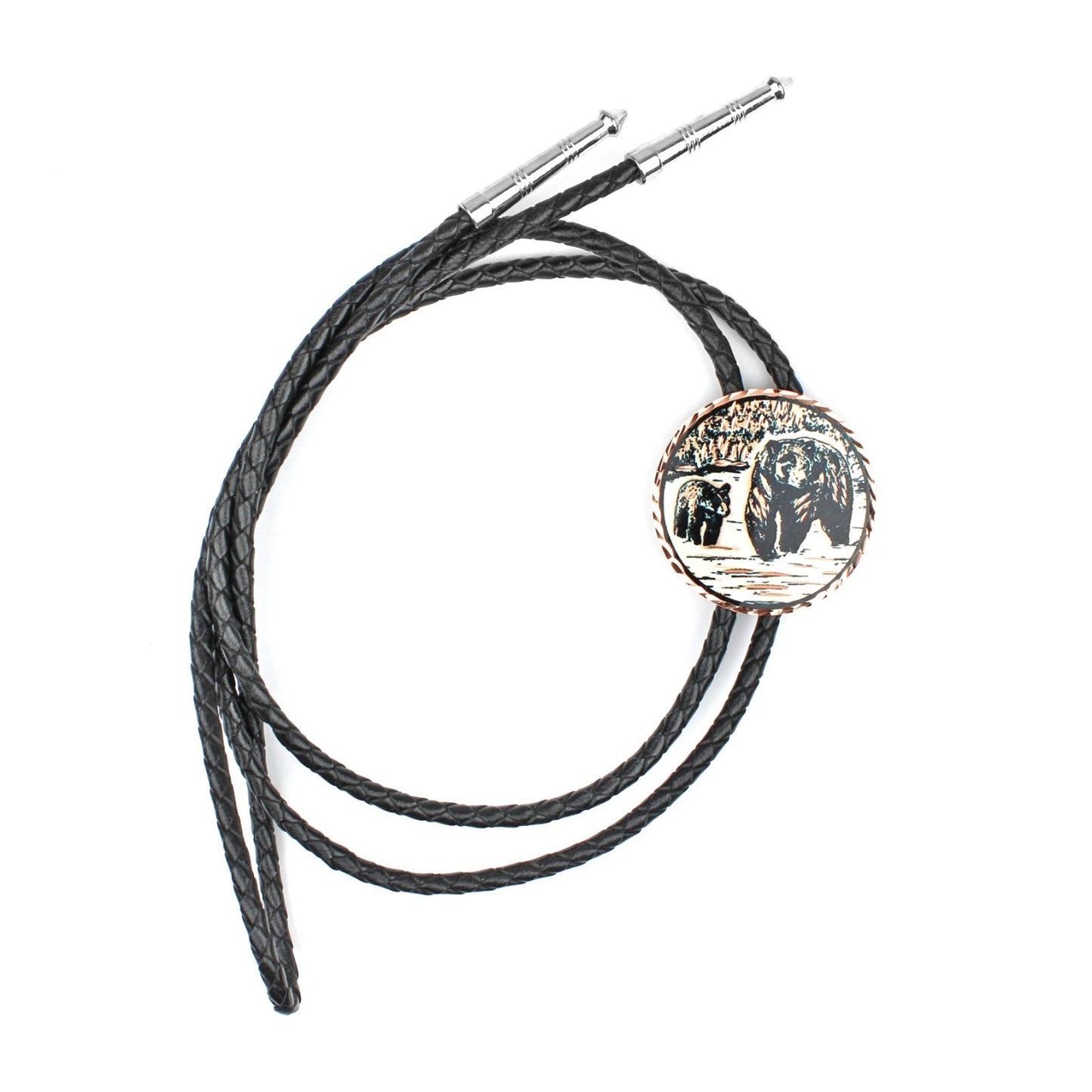 Black Bear & Cub Western Bolo Tie Etched Copper 40 inch Black Cord Made in USA