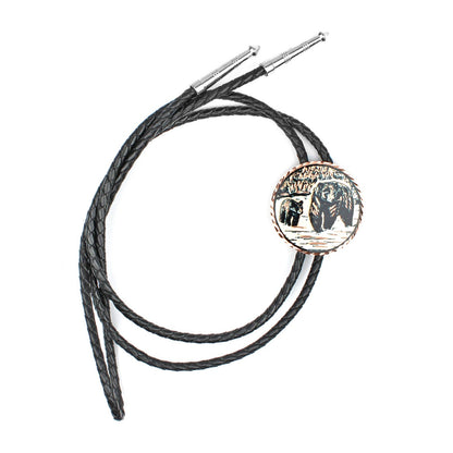 Black Bear & Cub Western Bolo Tie Etched Copper 40 inch Black Cord Made in USA