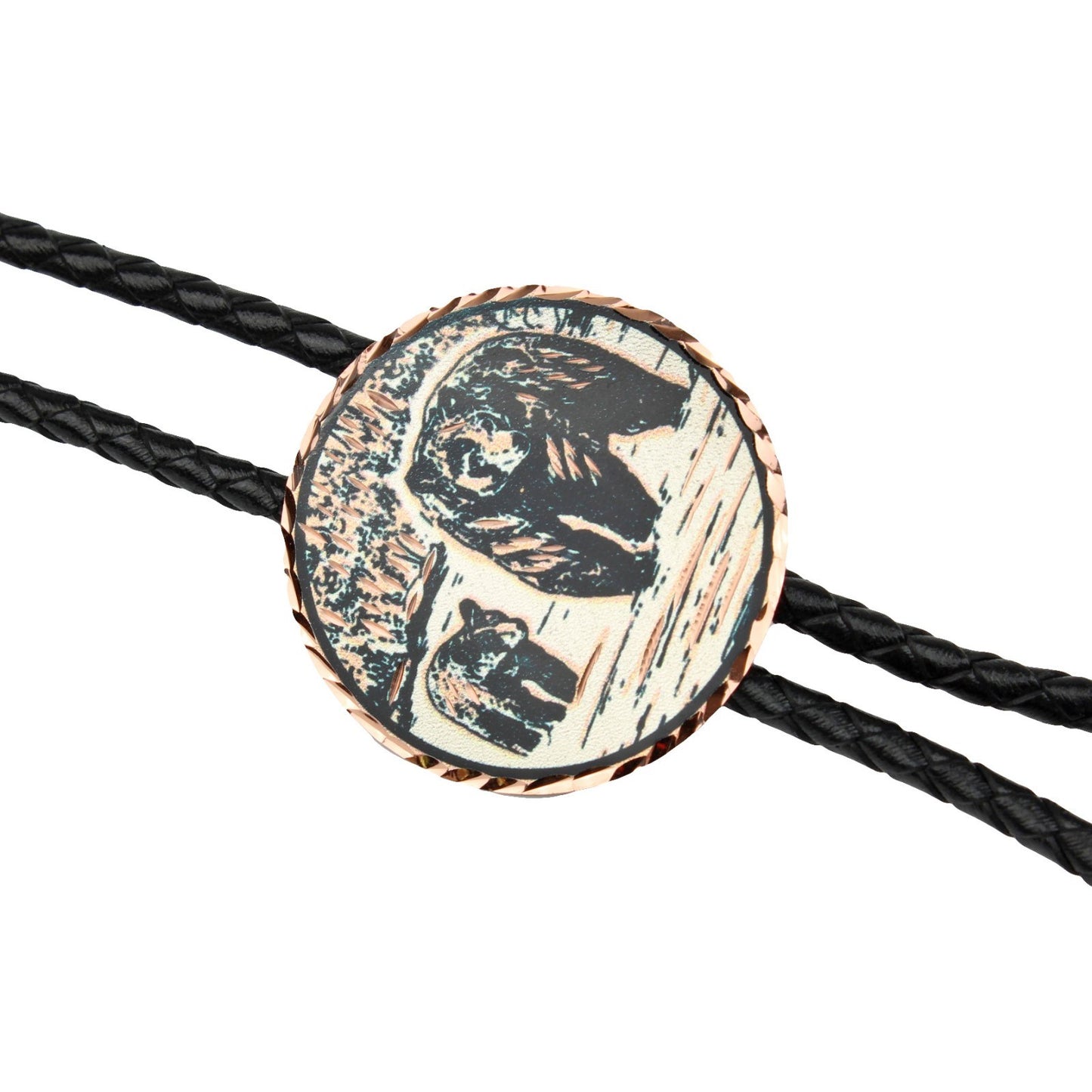 Black Bear & Cub Western Bolo Tie Etched Copper 40 inch Black Cord Made in USA