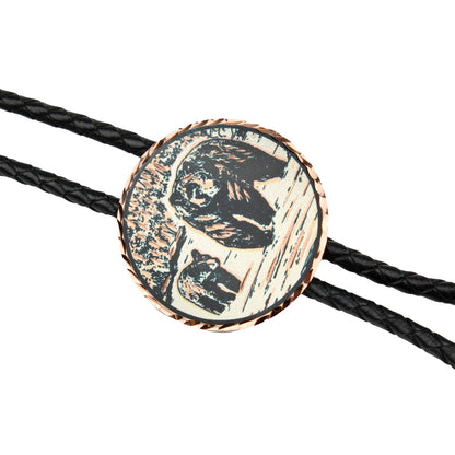 Black Bear & Cub Western Bolo Tie Etched Copper 40 inch Black Cord Made in USA