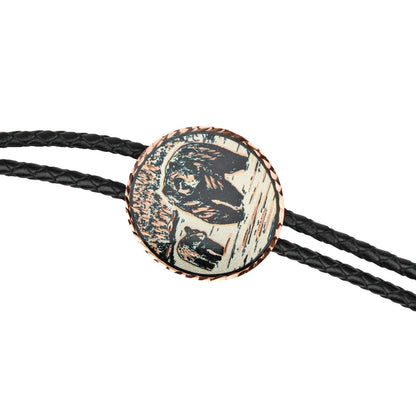 Black Bear & Cub Western Bolo Tie Etched Copper 40 inch Black Cord Made in USA
