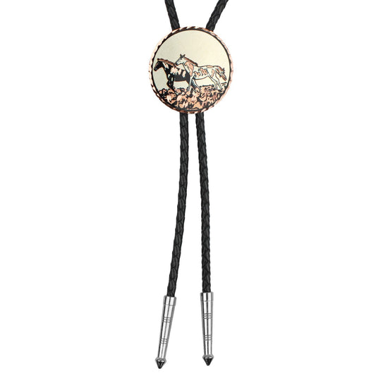 Wild Horses Round Western Bolo Tie Etched Copper 40 inch Black Cord Made in USA