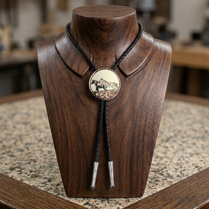 Wild Horses Round Western Bolo Tie Etched Copper 40 inch Black Cord Made in USA
