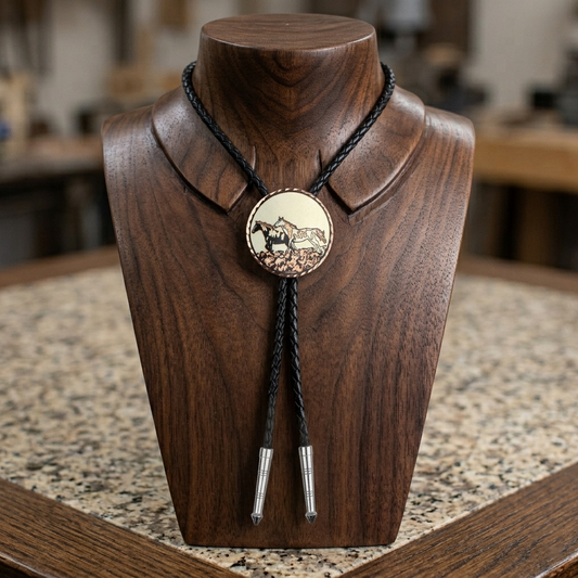 Wild Horses Round Western Bolo Tie Etched Copper 40 inch Black Cord Made in USA