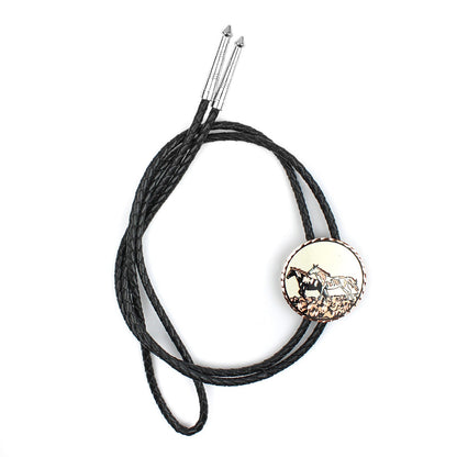 Wild Horses Round Western Bolo Tie Etched Copper 40 inch Black Cord Made in USA