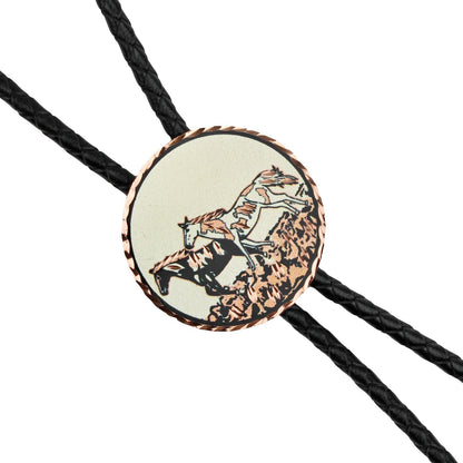 Wild Horses Round Western Bolo Tie Etched Copper 40 inch Black Cord Made in USA
