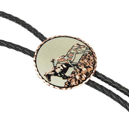 Wild Horses Round Western Bolo Tie Etched Copper 40 inch Black Cord Made in USA