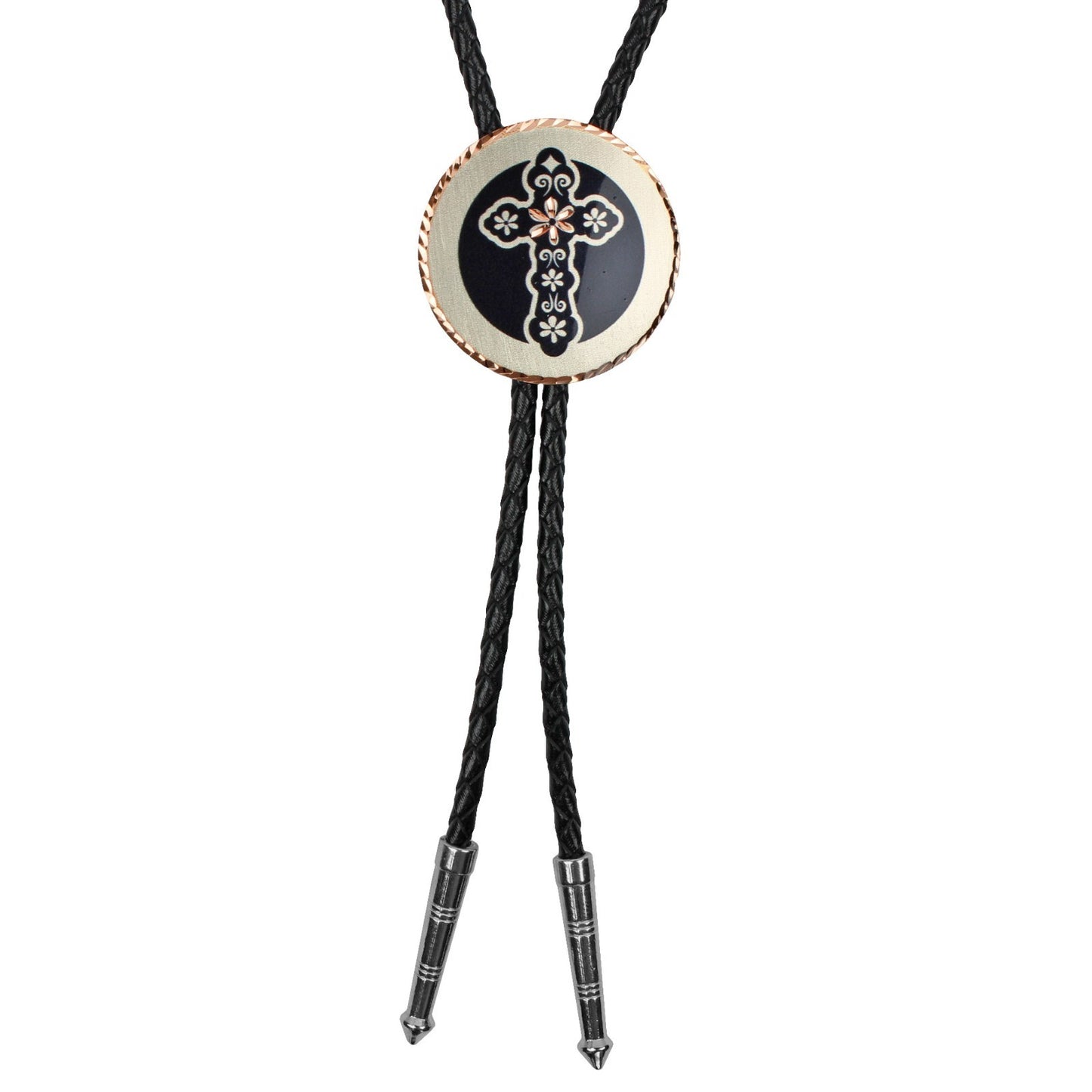 Round Western Cross Bolo Tie Etched Copper 40 inch Black Cord Made in USA