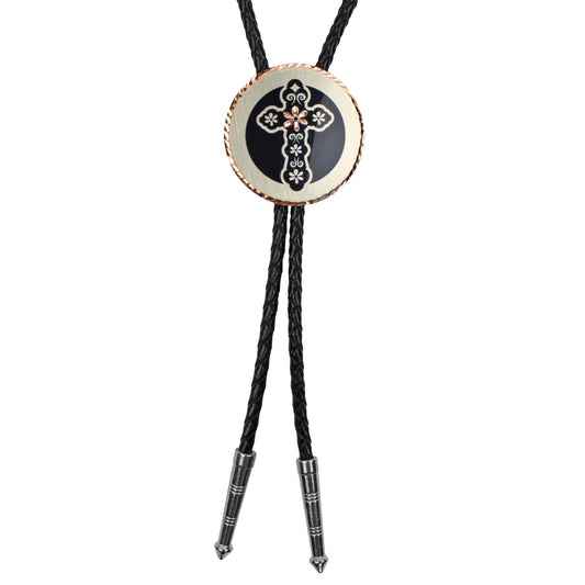 Round Western Cross Bolo Tie Etched Copper 40 inch Black Cord Made in USA