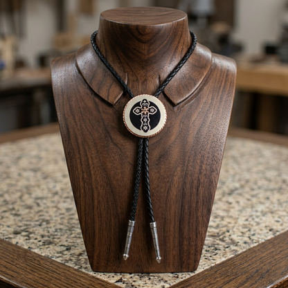 Round Western Cross Bolo Tie Etched Copper 40 inch Black Cord Made in USA