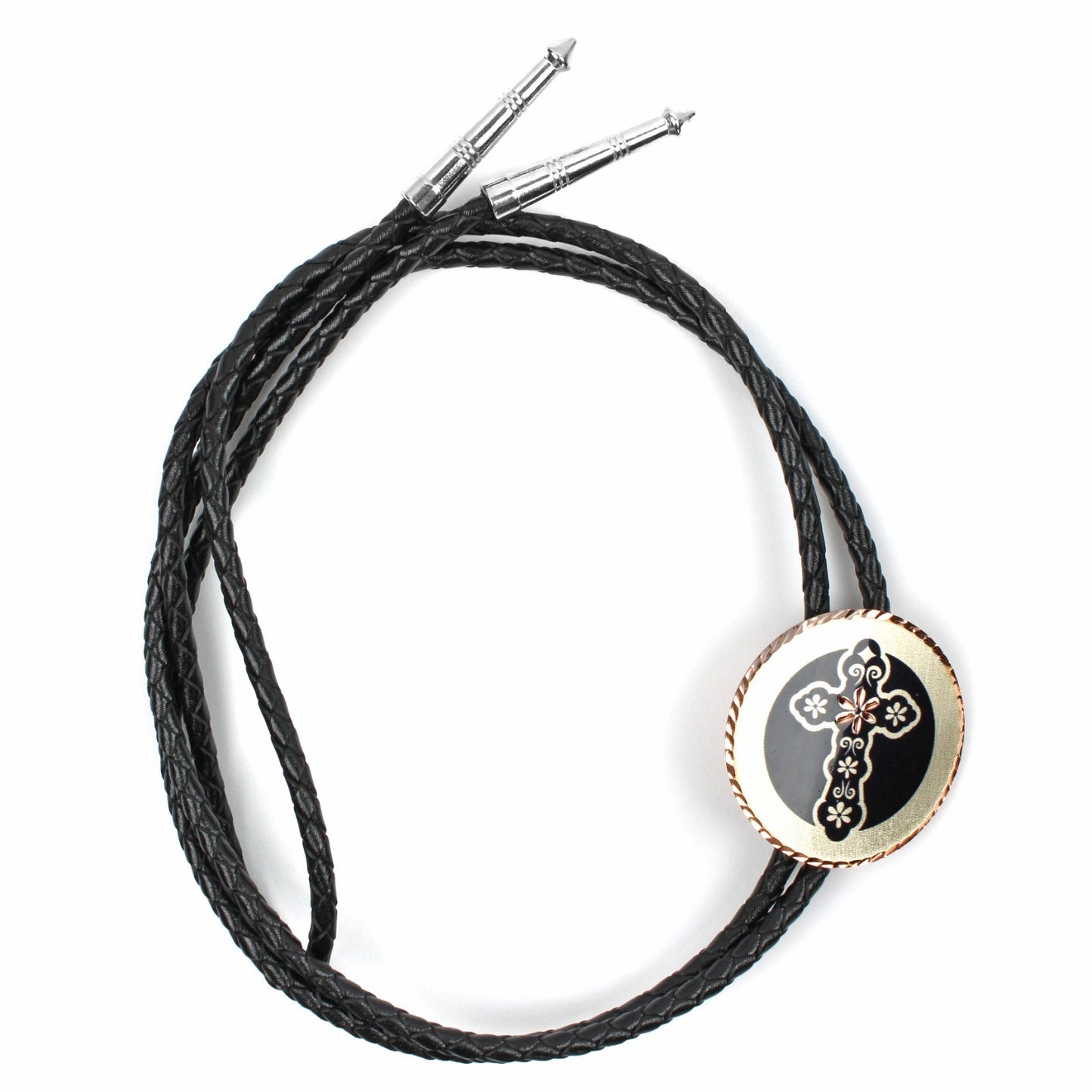 Round Western Cross Bolo Tie Etched Copper 40 inch Black Cord Made in USA