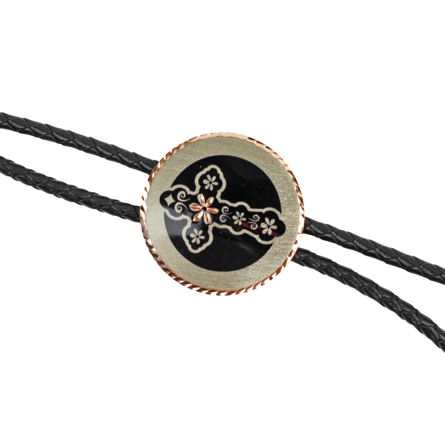 Round Western Cross Bolo Tie Etched Copper 40 inch Black Cord Made in USA