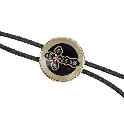 Round Western Cross Bolo Tie Etched Copper 40 inch Black Cord Made in USA