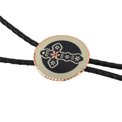 Round Western Cross Bolo Tie Etched Copper 40 inch Black Cord Made in USA