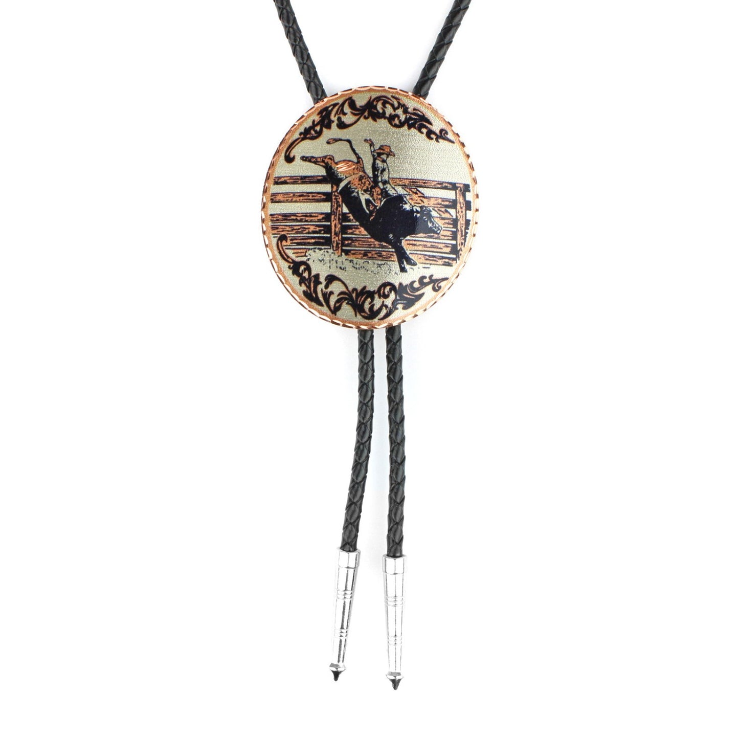 Western Rodeo Bull Riding Bolo Tie Etched Copper 40 inch Black Cord Made in USA